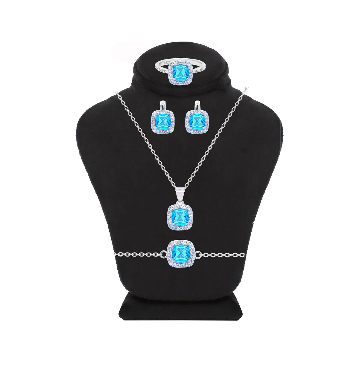 Asfour Crystal  Jewelry Set Of Necklace & Bracelet & Earrings And Ring With Decorative Aquamarine Square Design In 925 Sterling Silver-SD0024-M-8