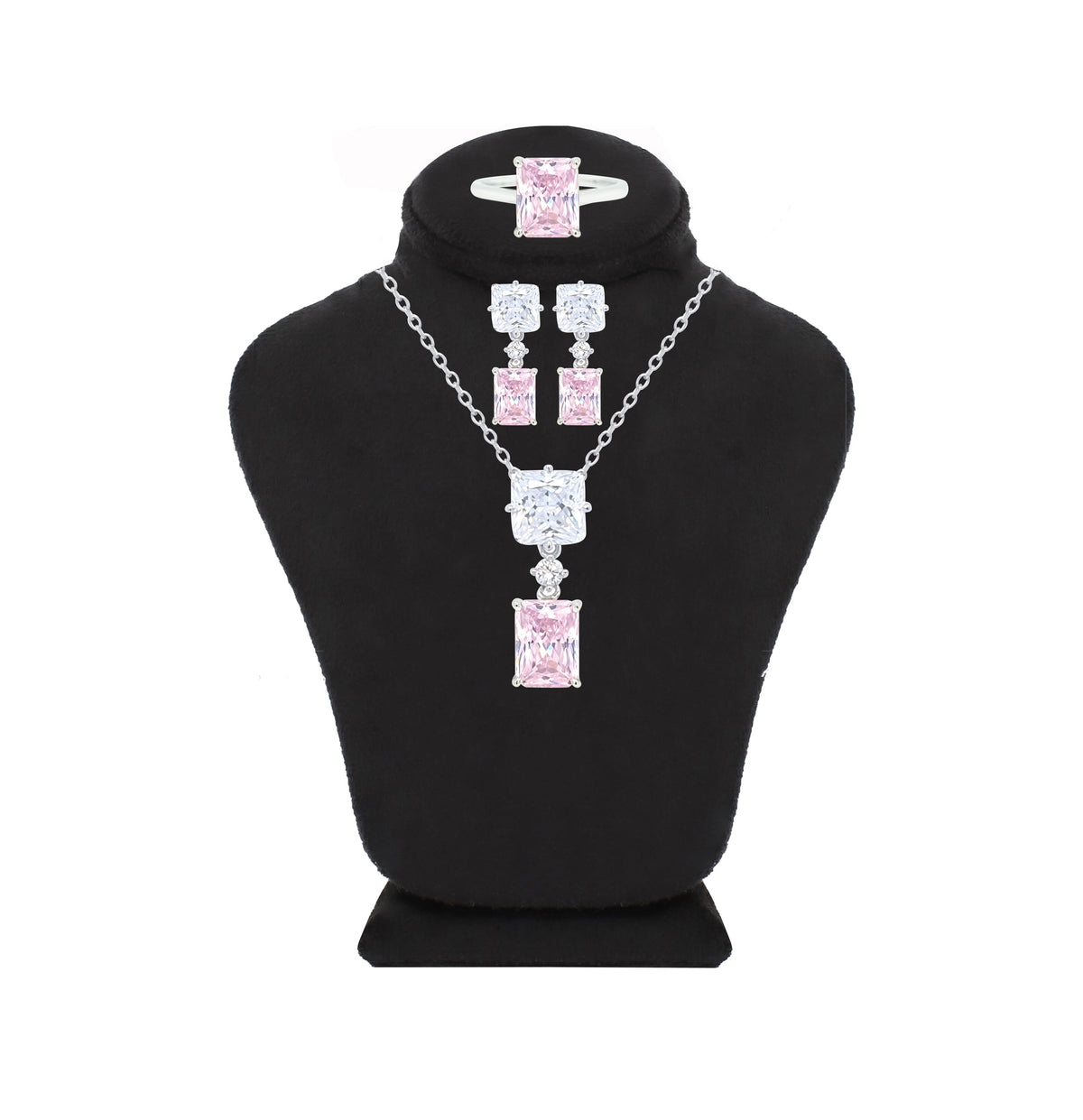 Asfour Crystal Jewelry Set With Rose Emerald & Square Design In 925 Sterling Silver-SD0036-WO-6