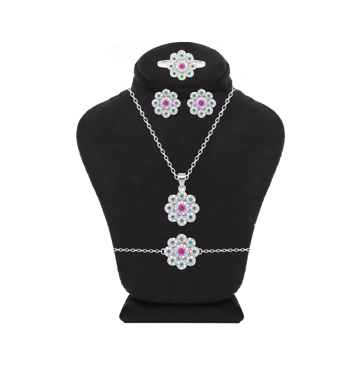 Asfour Crystal Jewelry Set With Flower Design In 925 Sterling Silver-SD0038-9