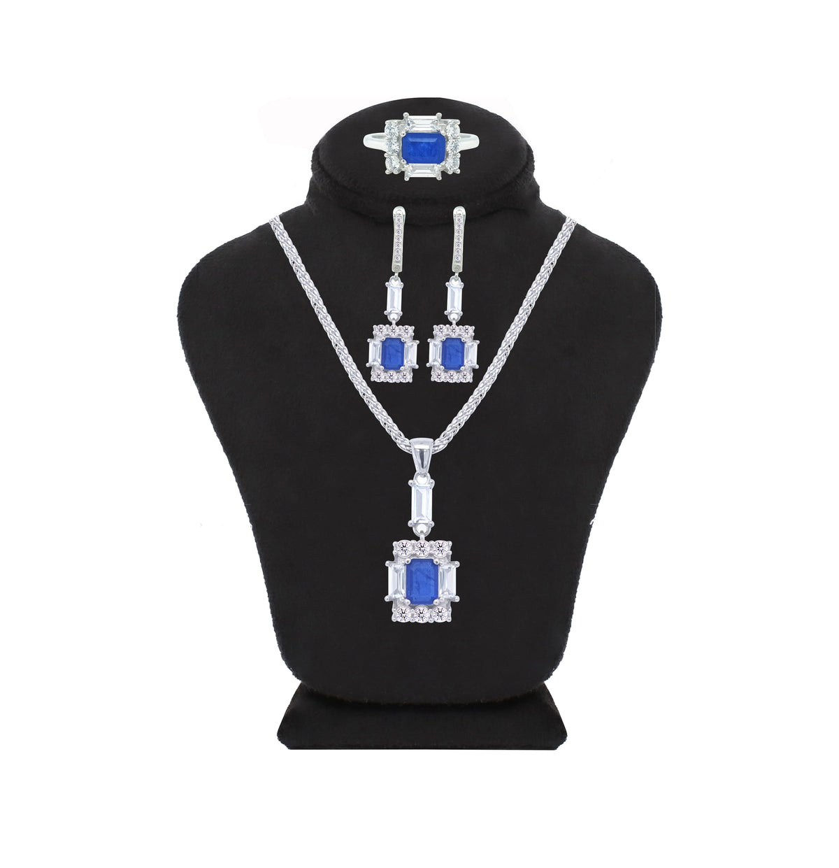 Asfour Crystal Jewelry Set With Decorative Blue Emerald Design In 925 Sterling Silver-SD0050-B-7