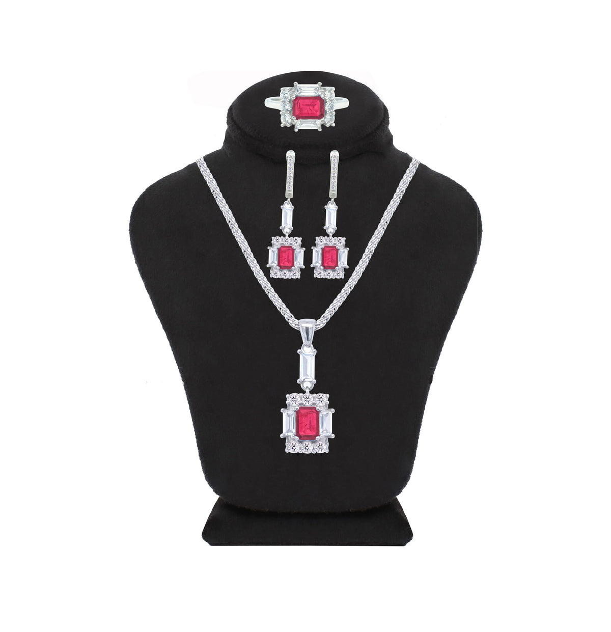 Asfour Crystal Jewelry Set With Decorative Fuchsia Emerald Design In 925 Sterling Silver-SD0050-F-7