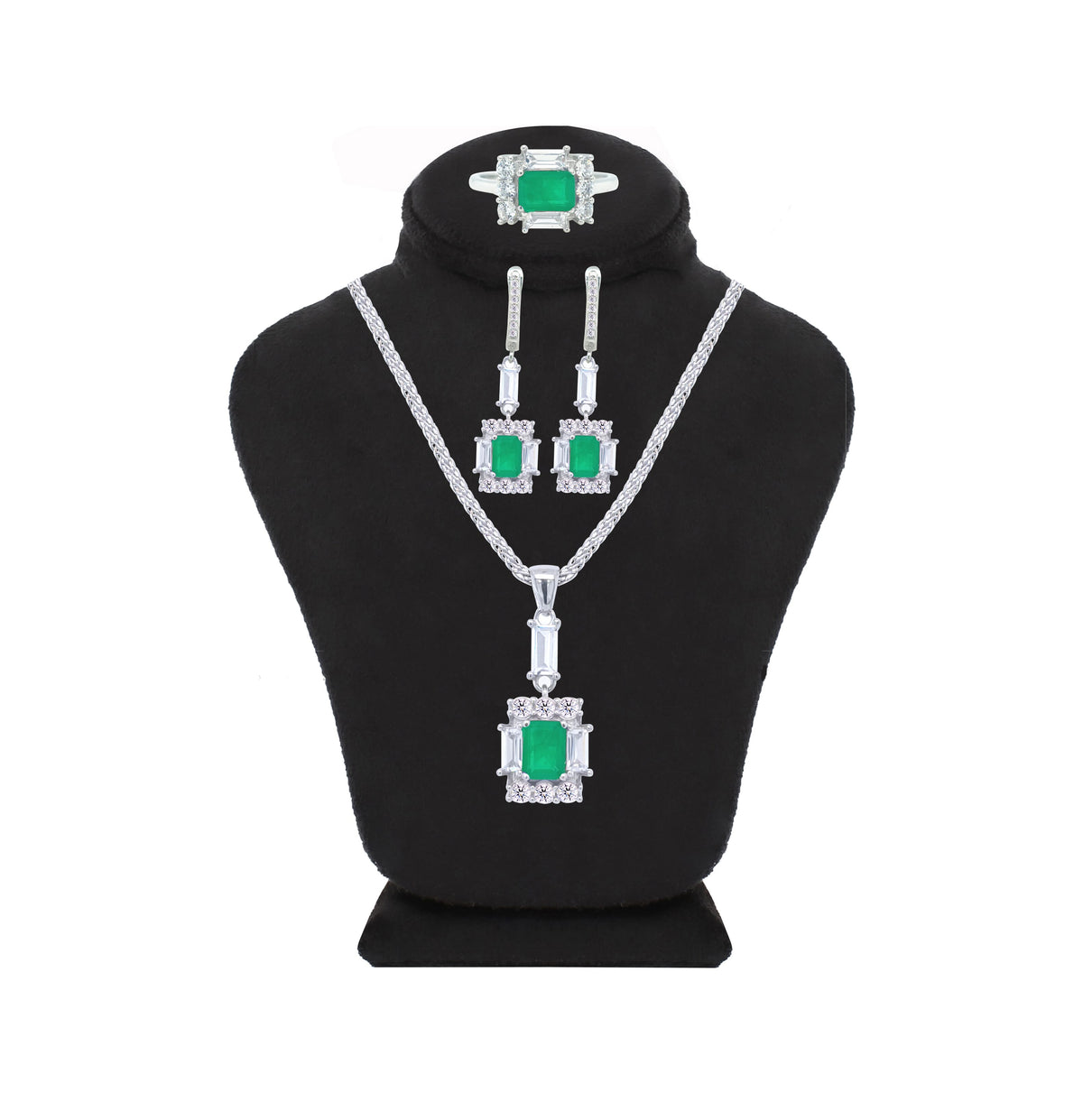 Asfour Crystal Jewelry Set With Decorative Turquoise Emerald Design In 925 Sterling Silver-SD0050-G-9