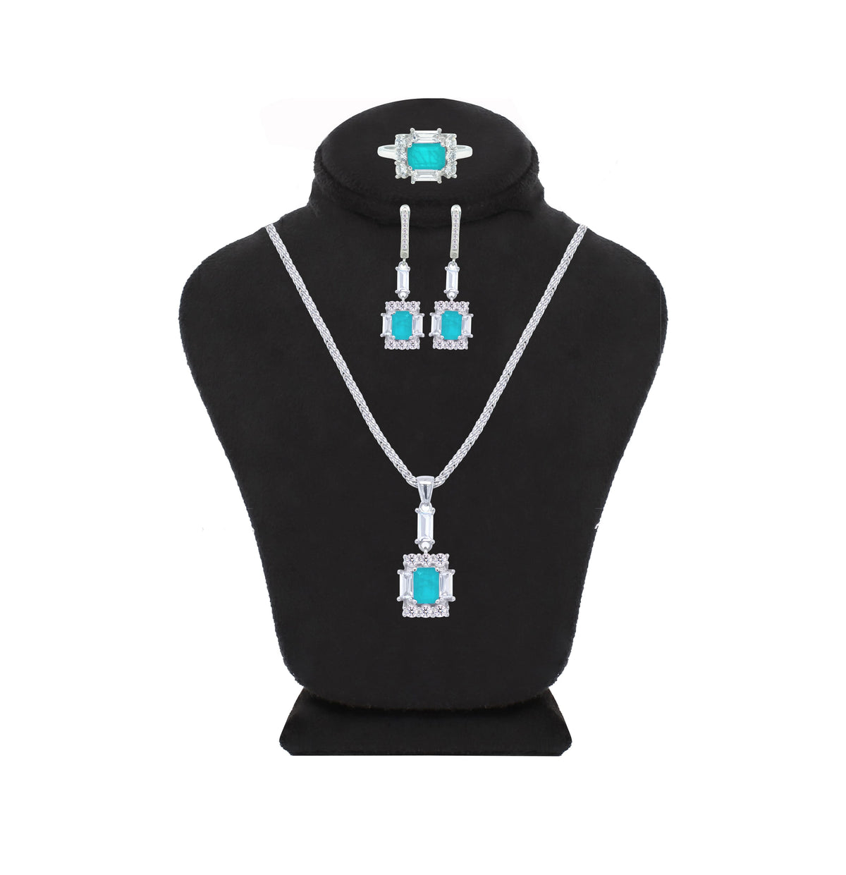 Asfour Crystal Jewelry Set With Decorative Turquoise Emerald Design In 925 Sterling Silver-SD0050-GC-7