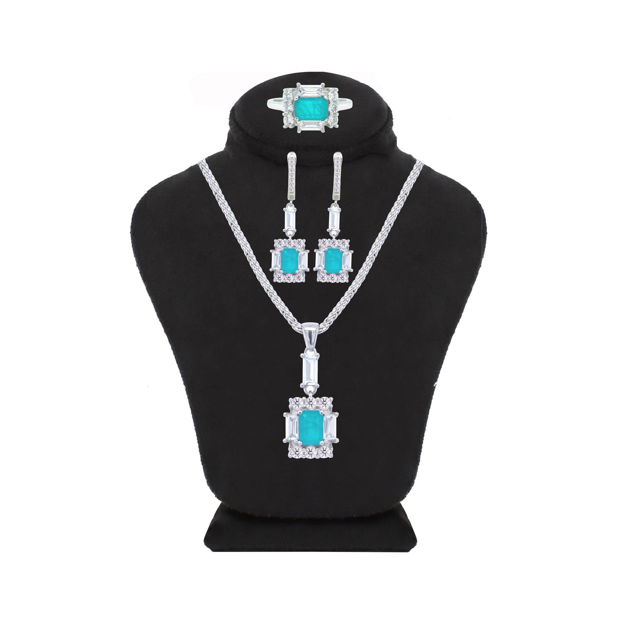 Asfour Crystal Jewelry Set With Decorative Turquoise Emerald Design In 925 Sterling Silver-SD0050-GC-7