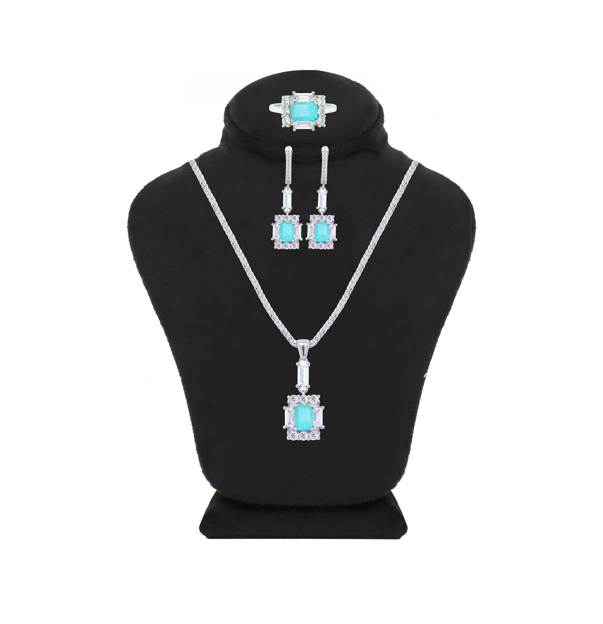 Asfour Crystal Jewelry Set With Decorative Light Turquoise Emerald Design In 925 Sterling Silver-SD0050-LGC-8