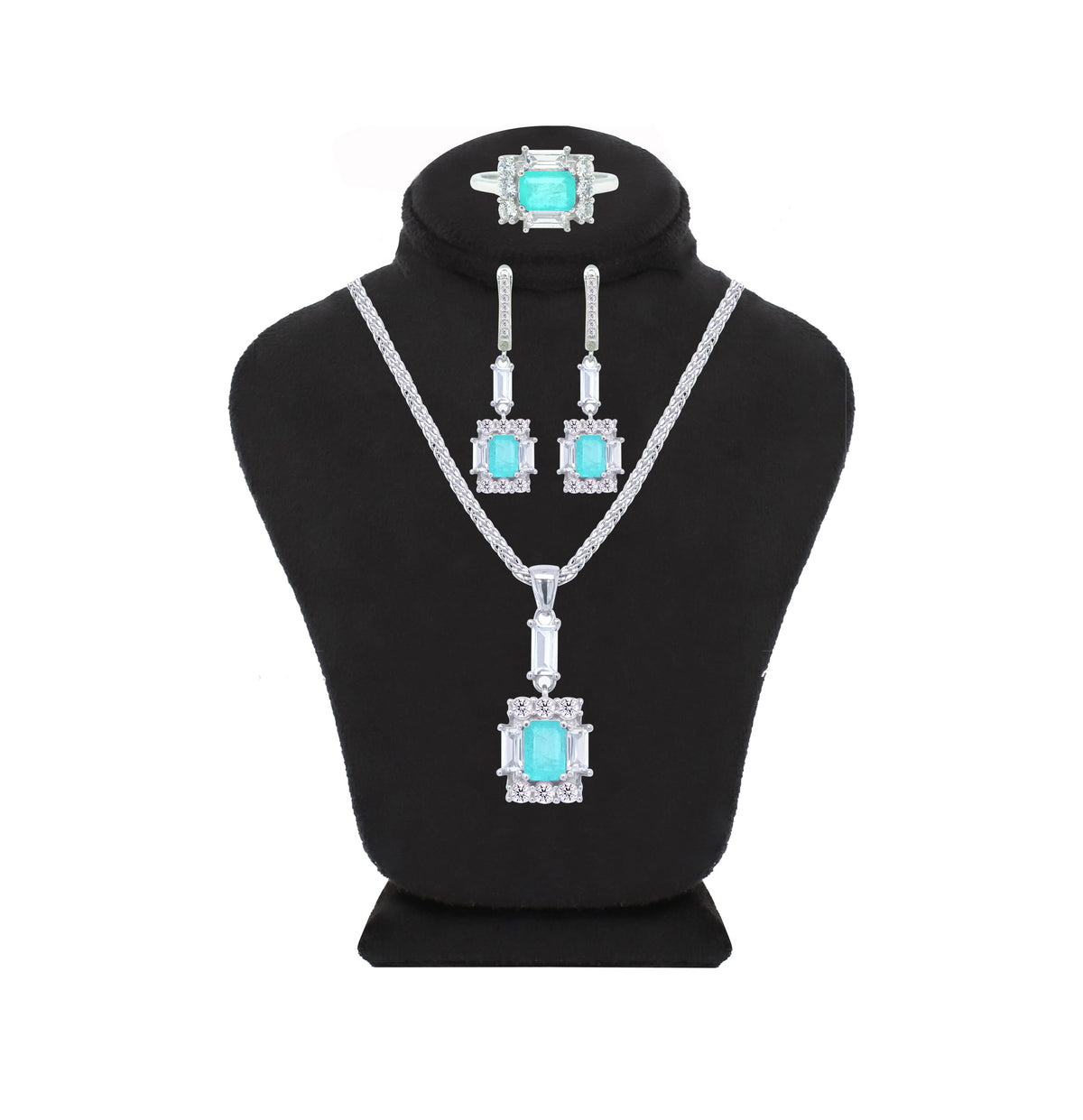 Asfour Crystal Jewelry Set With Decorative Light Turquoise Emerald Design In 925 Sterling Silver-SD0050-LGC-8