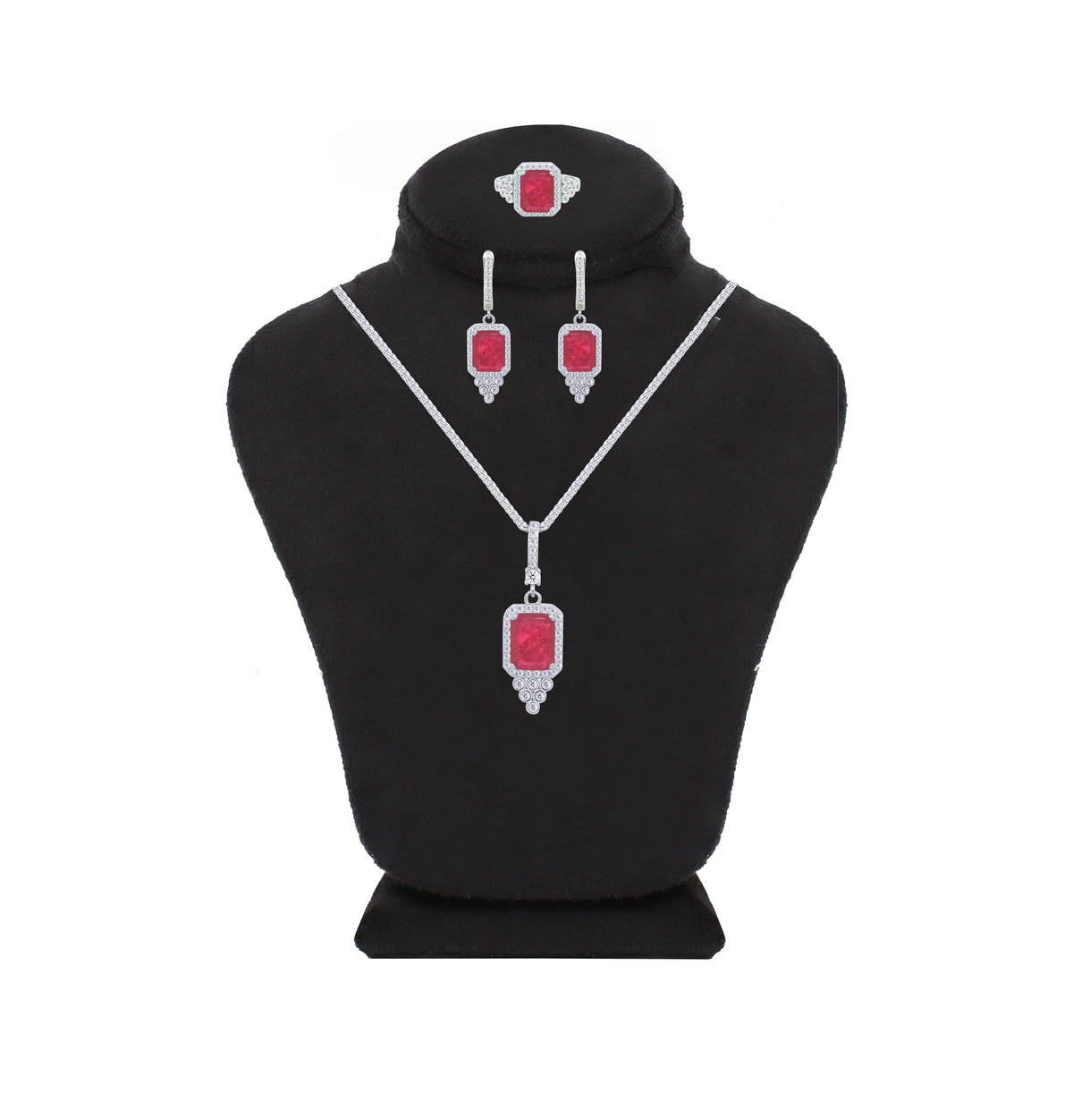 Asfour Crystal Jewelry Set With Decorative Fuchsia Emerald Design In 925 Sterling Silver-SD0051-F-7