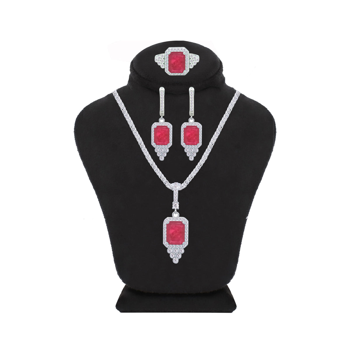 Asfour Crystal Jewelry Set With Decorative Fuchsia Emerald Design In 925 Sterling Silver-SD0051-F-7