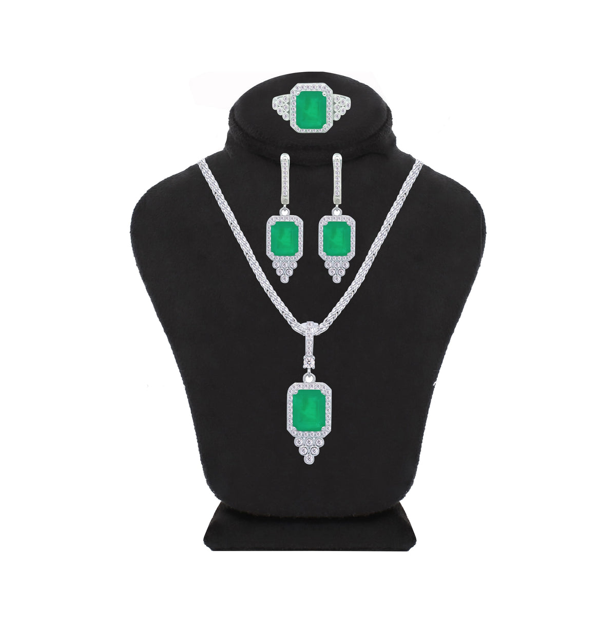 Asfour Crystal Jewelry Set With Decorative Emerald Design In 925 Sterling Silver-SD0051-G-8