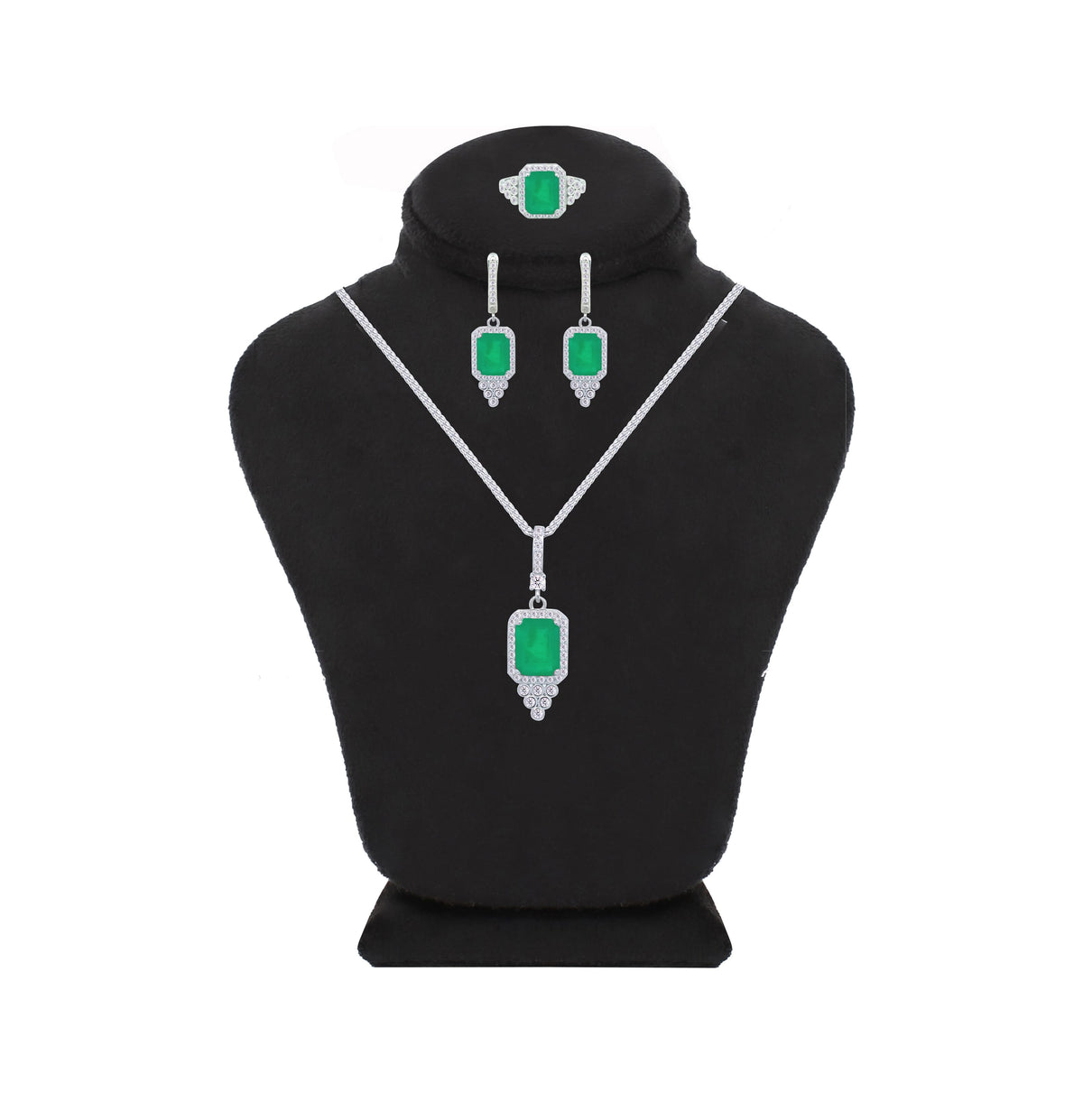 Asfour Crystal Jewelry Set With Decorative Emerald Design In 925 Sterling Silver-SD0051-G-9