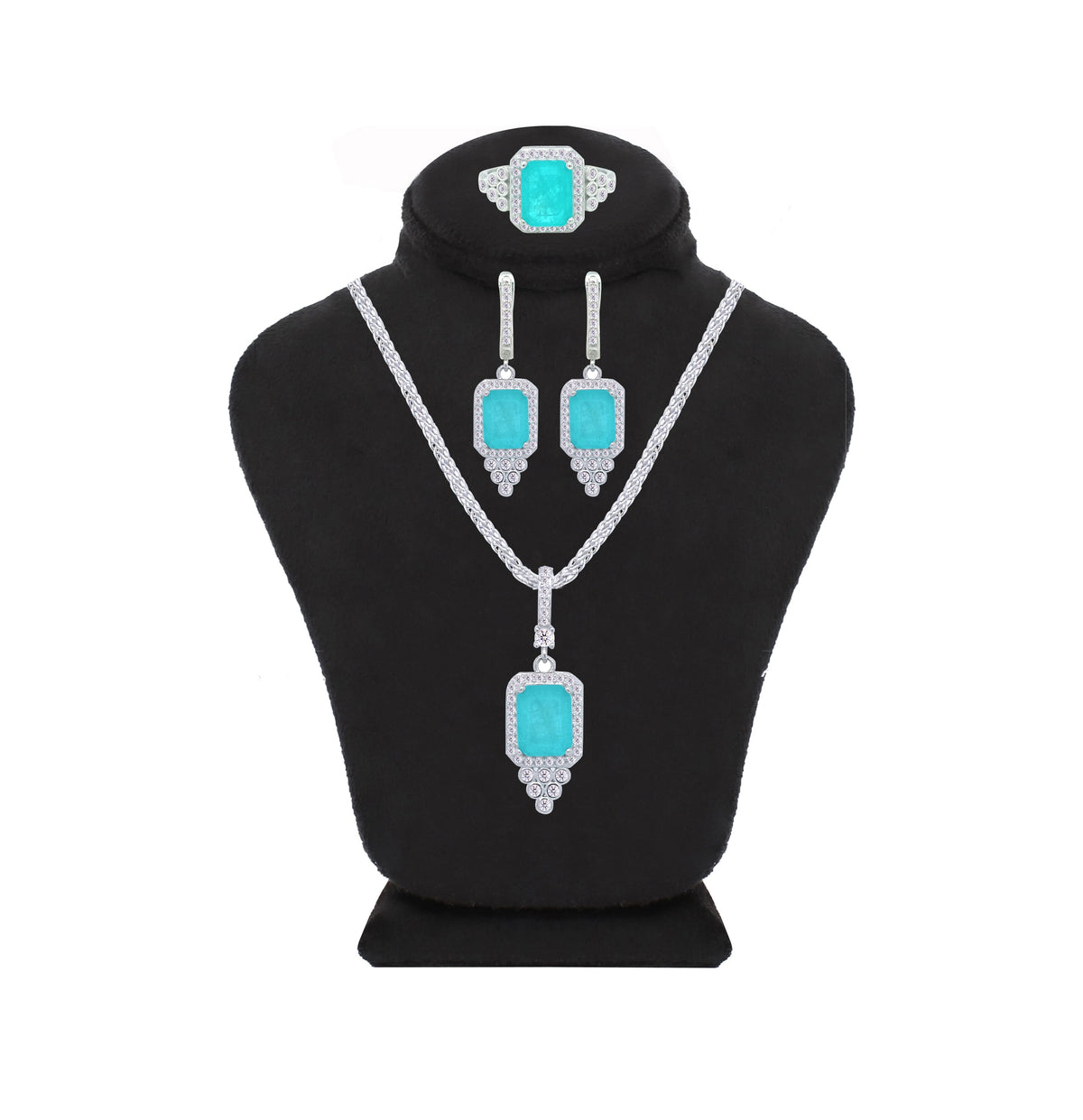 Asfour Crystal Jewelry Set With Decorative Turquoise Emerald Design In 925 Sterling Silver-SD0051-GC-8