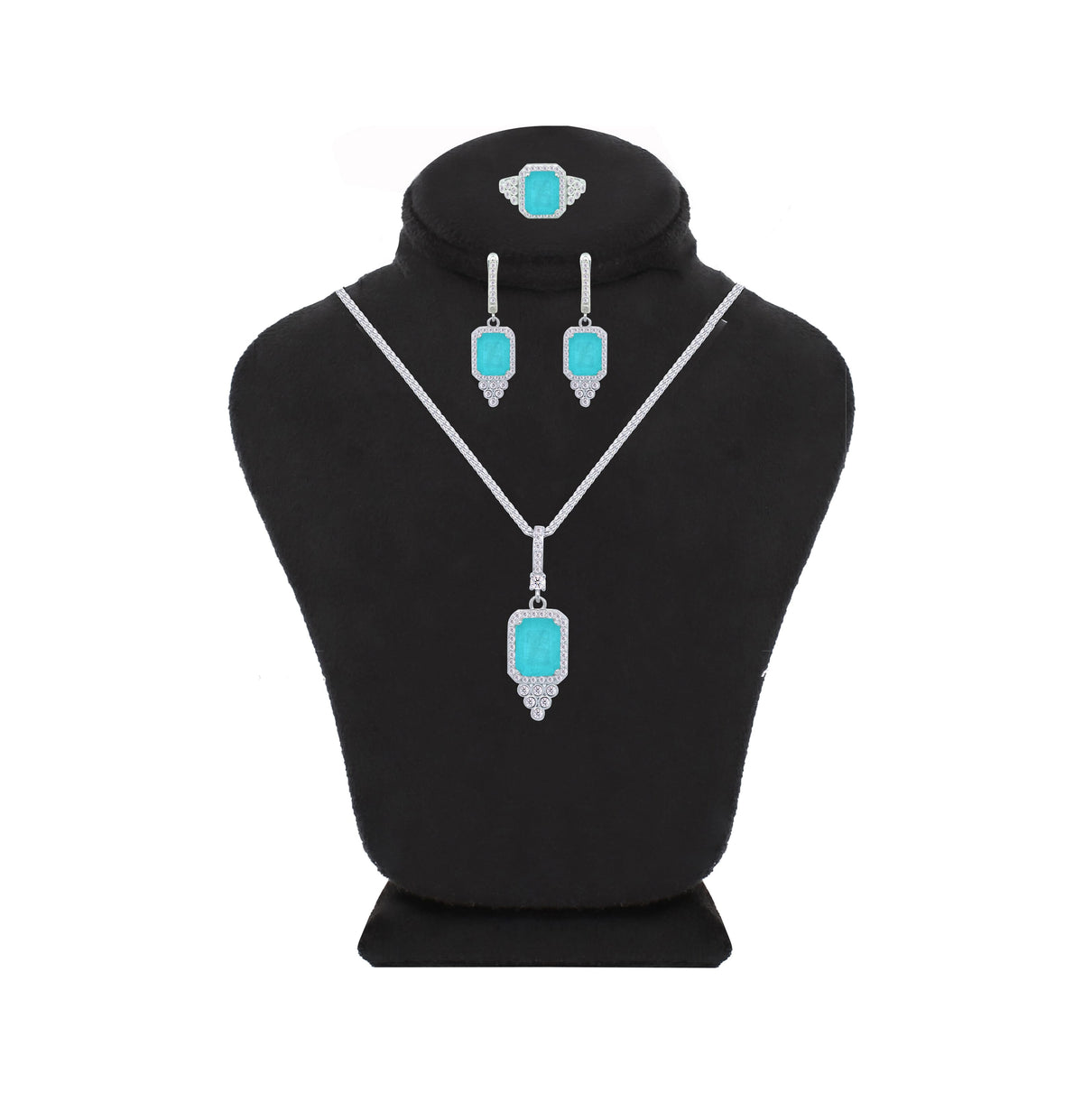 Asfour Crystal Jewelry Set With Decorative Turquoise Emerald Design In 925 Sterling Silver-SD0051-GC-9