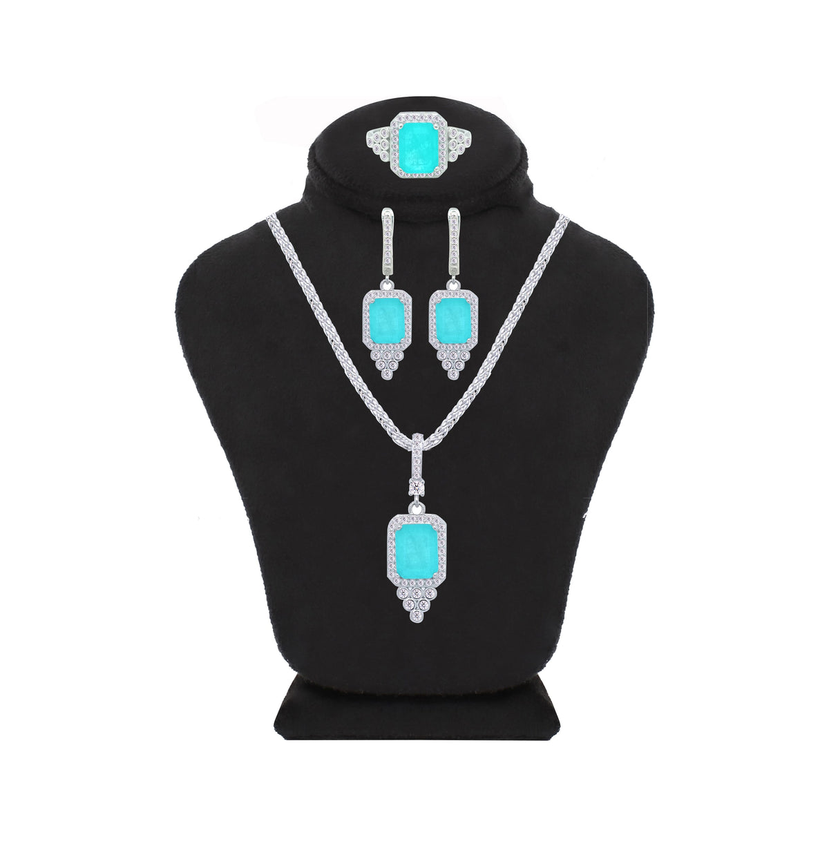 Asfour Crystal Jewelry Set With Decorative Turquoise Emerald Design In 925 Sterling Silver-SD0051-LGC-7