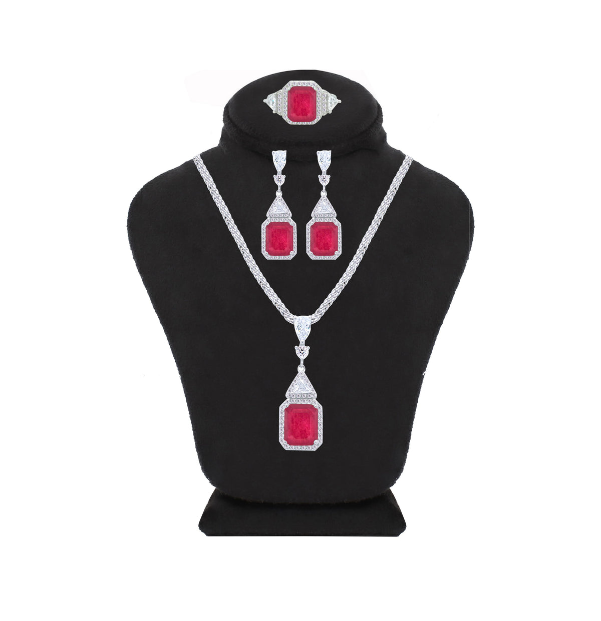 Asfour Crystal Jewelry Set With Decorative Fuchsia Design In 925 Sterling Silver-SD0052-F-8