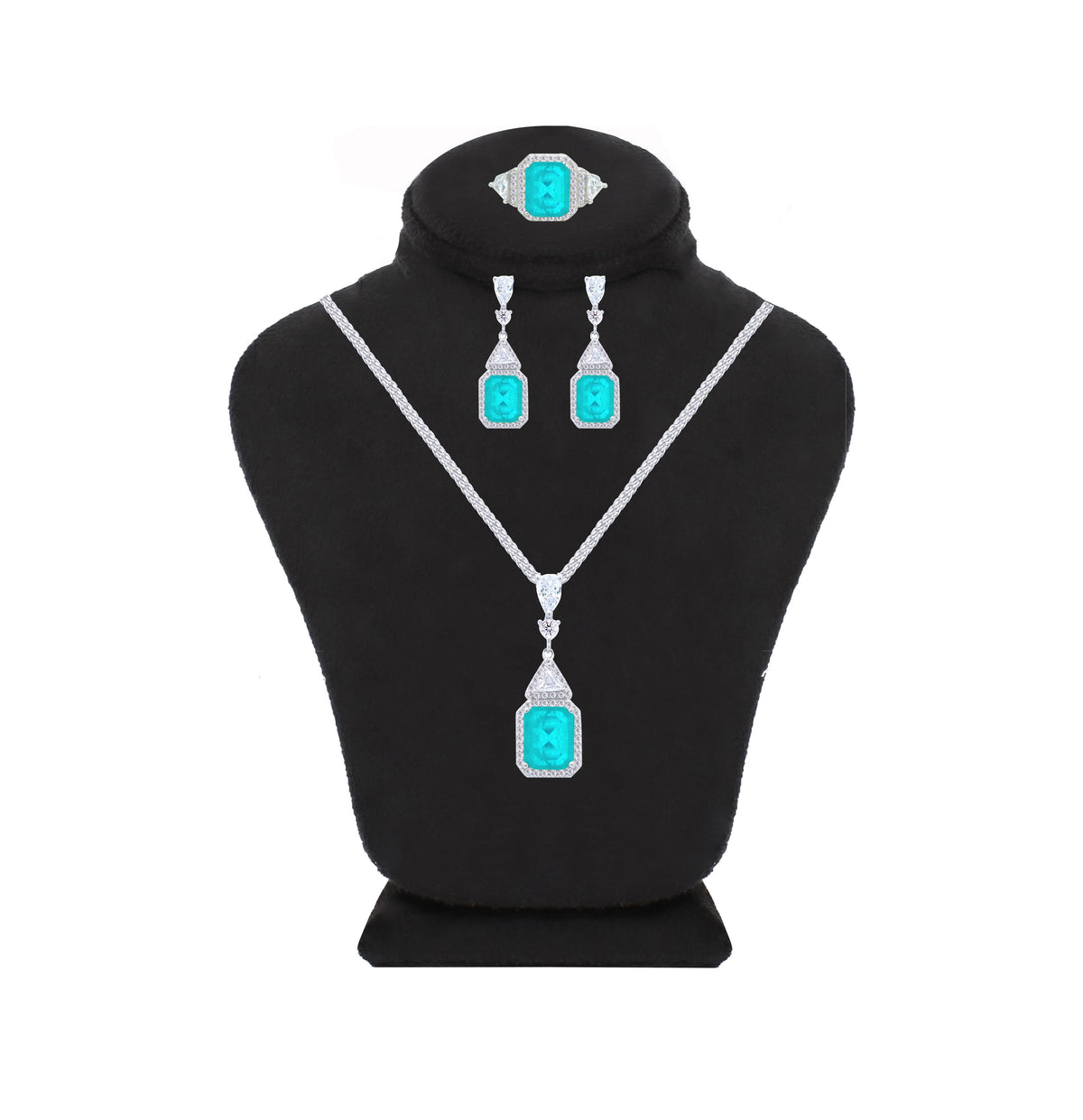 Asfour Crystal Jewelry Set With Decorative Turquoise Design In 925 Sterling Silver-SD0052-GC-9