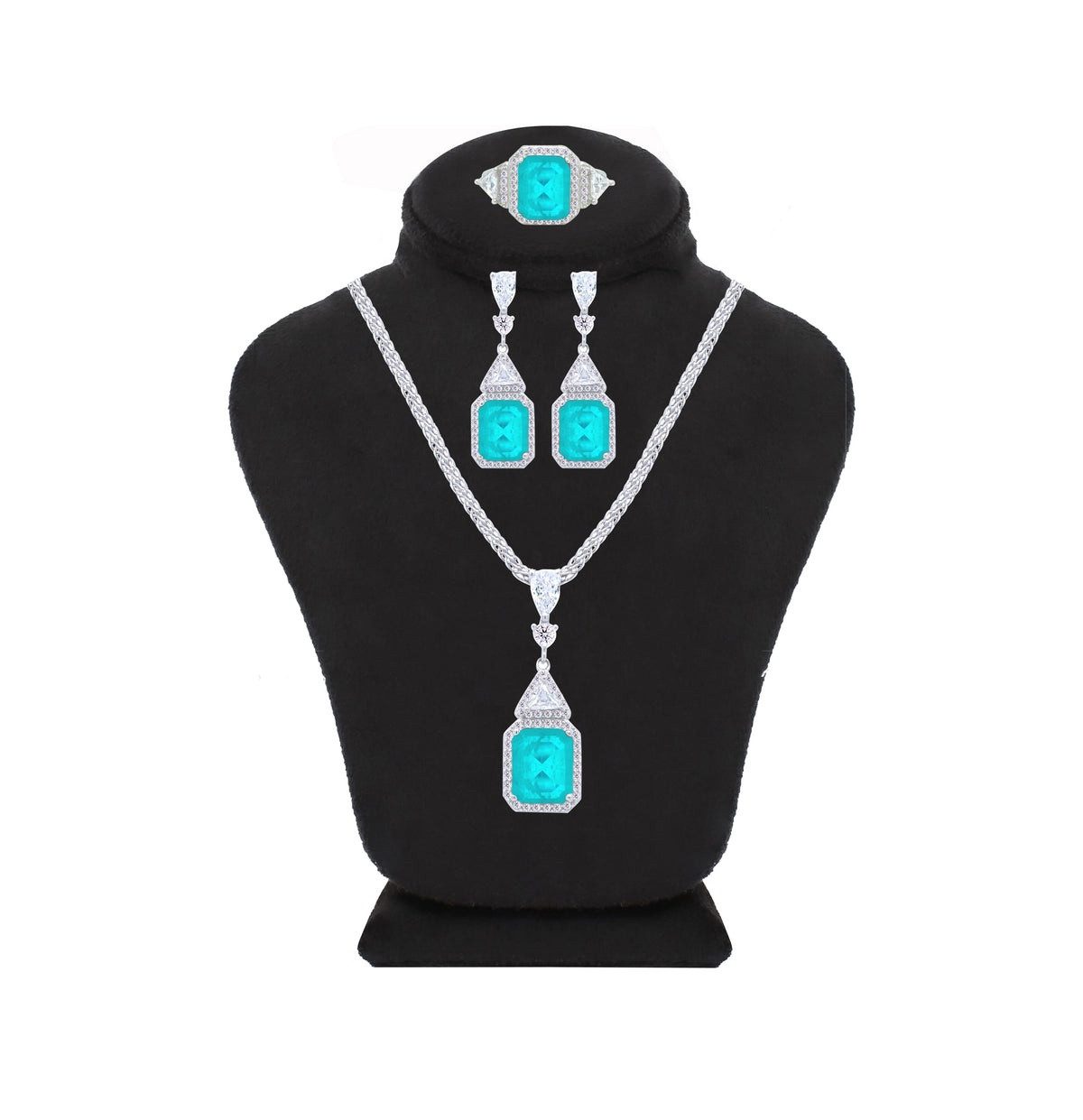 Asfour Crystal Jewelry Set With Decorative Turquoise Design In 925 Sterling Silver-SD0052-GC-9