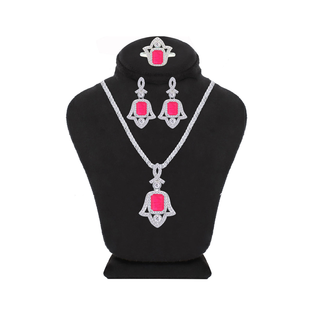 Asfour Crystal Jewelry Set With Decorative Fuchsia Hamsa Design In 925 Sterling Silver-SD0053-F-7