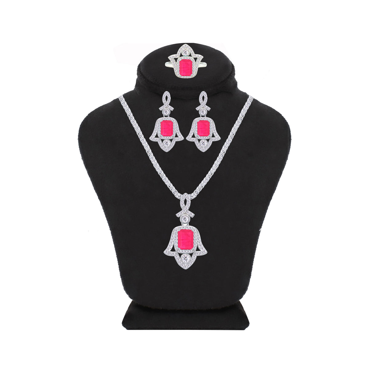 Asfour Crystal Jewelry Set With Fuchsia Hamsa Design In 925 Sterling Silver-SD0053-F-9