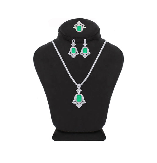 Asfour Crystal Jewelry Set With Decorative Emerald Hamsa Design In 925 Sterling Silver-SD0053-G-8