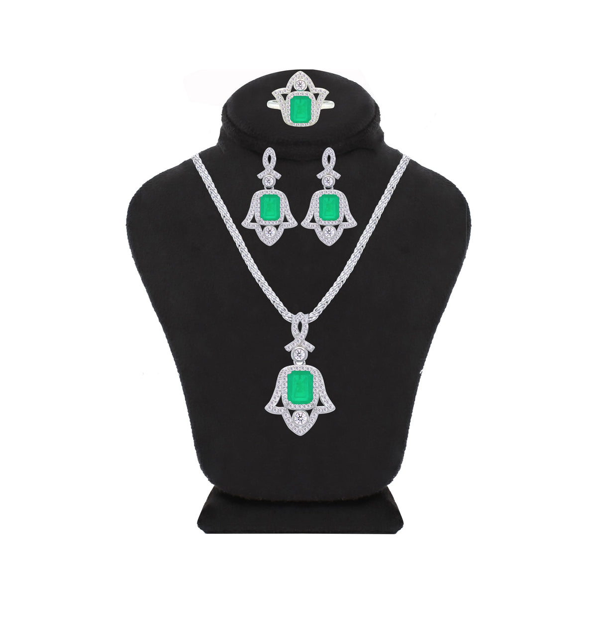 Asfour Crystal Jewelry Set With Decorative Emerald Hamsa Design In 925 Sterling Silver-SD0053-G-8