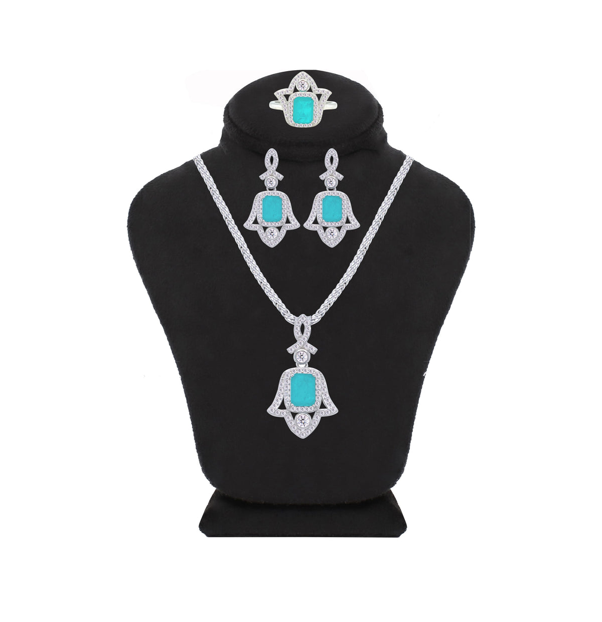 Asfour Crystal Jewelry Set With Decorative Turquoise Hamsa Design In 925 Sterling Silver-SD0053-GC-7