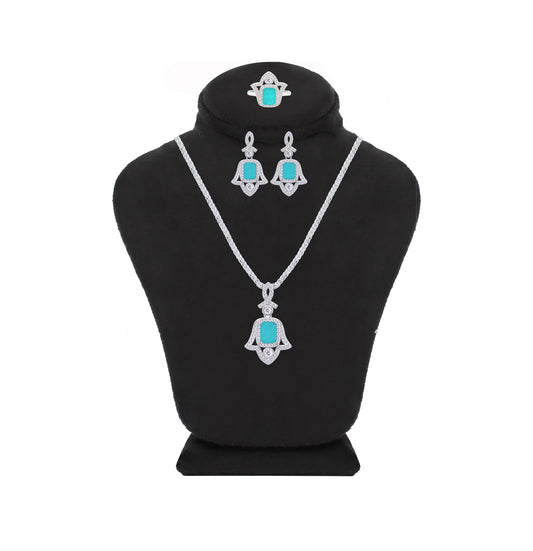 Asfour Crystal Jewelry Set With Decorative Turquoise Hamsa Design In 925 Sterling Silver-SD0053-GC-8