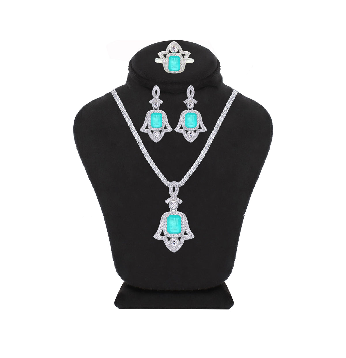 Asfour Crystal Jewelry Set With Decorative Light Turquoise Hamsa Design In 925 Sterling Silver-SD0053-LGC-9