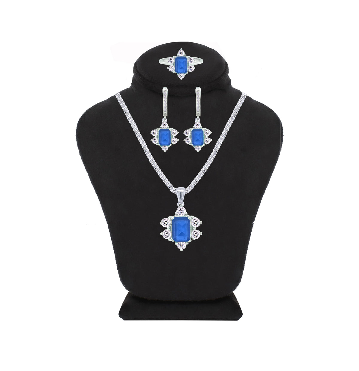 Asfour Crystal Jewelry Set With Halo Blue Decorative Design In 925 Sterling Silver-SD0054-B-9