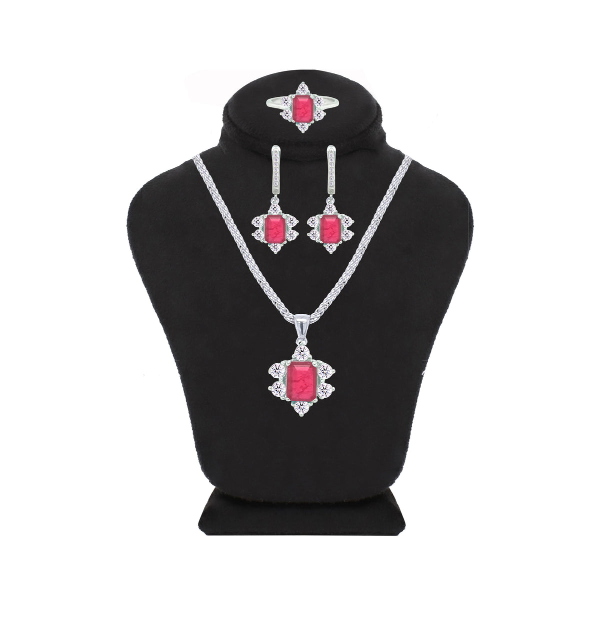 Asfour Crystal Jewelry Set With Halo Fuchsia Decorative Design In 925 Sterling Silver-SD0054-F-7