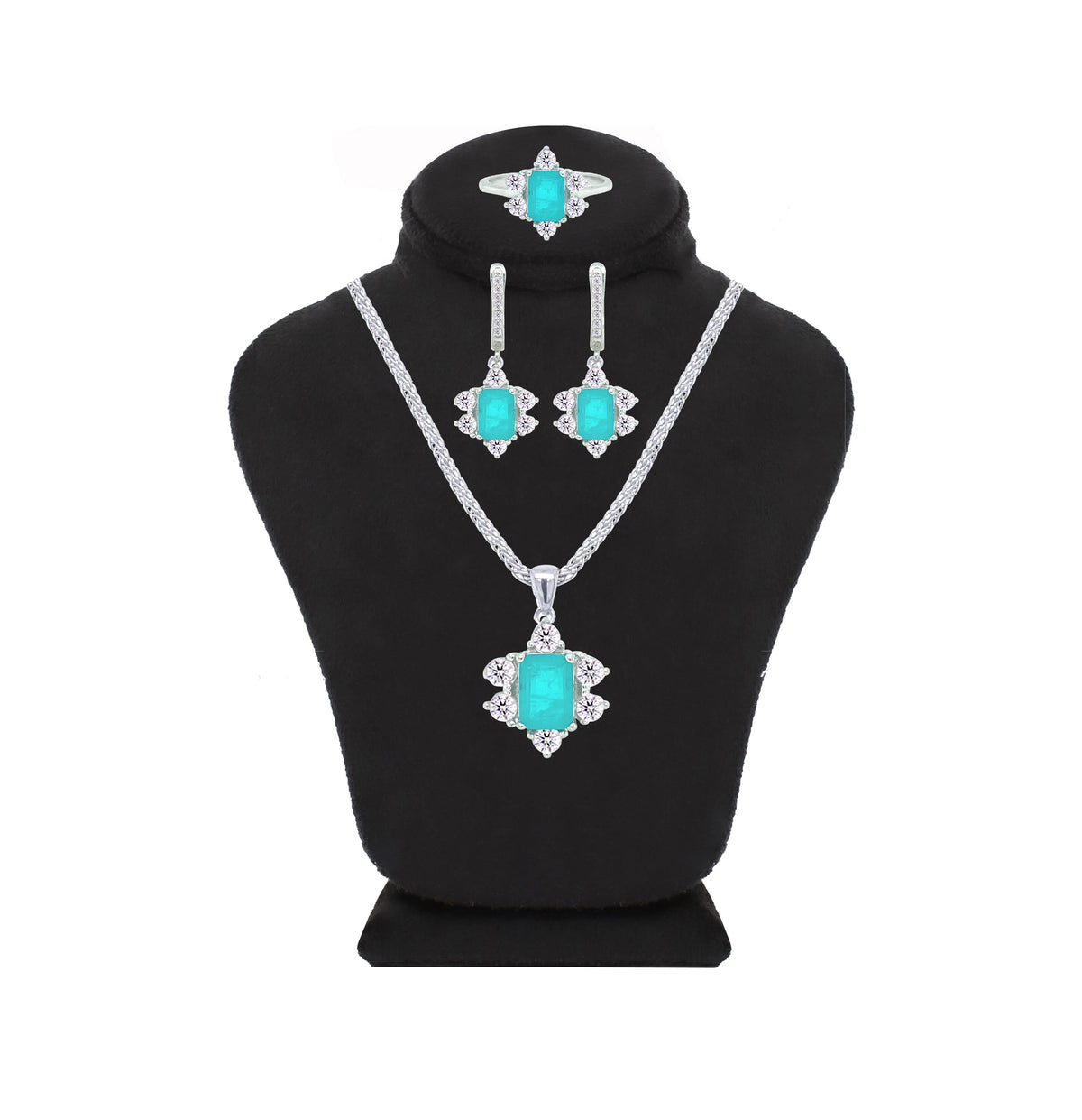 Asfour Crystal Jewelry Set With Halo Turquoise Decorative Design In 925 Sterling Silver-SD0054-GC-7