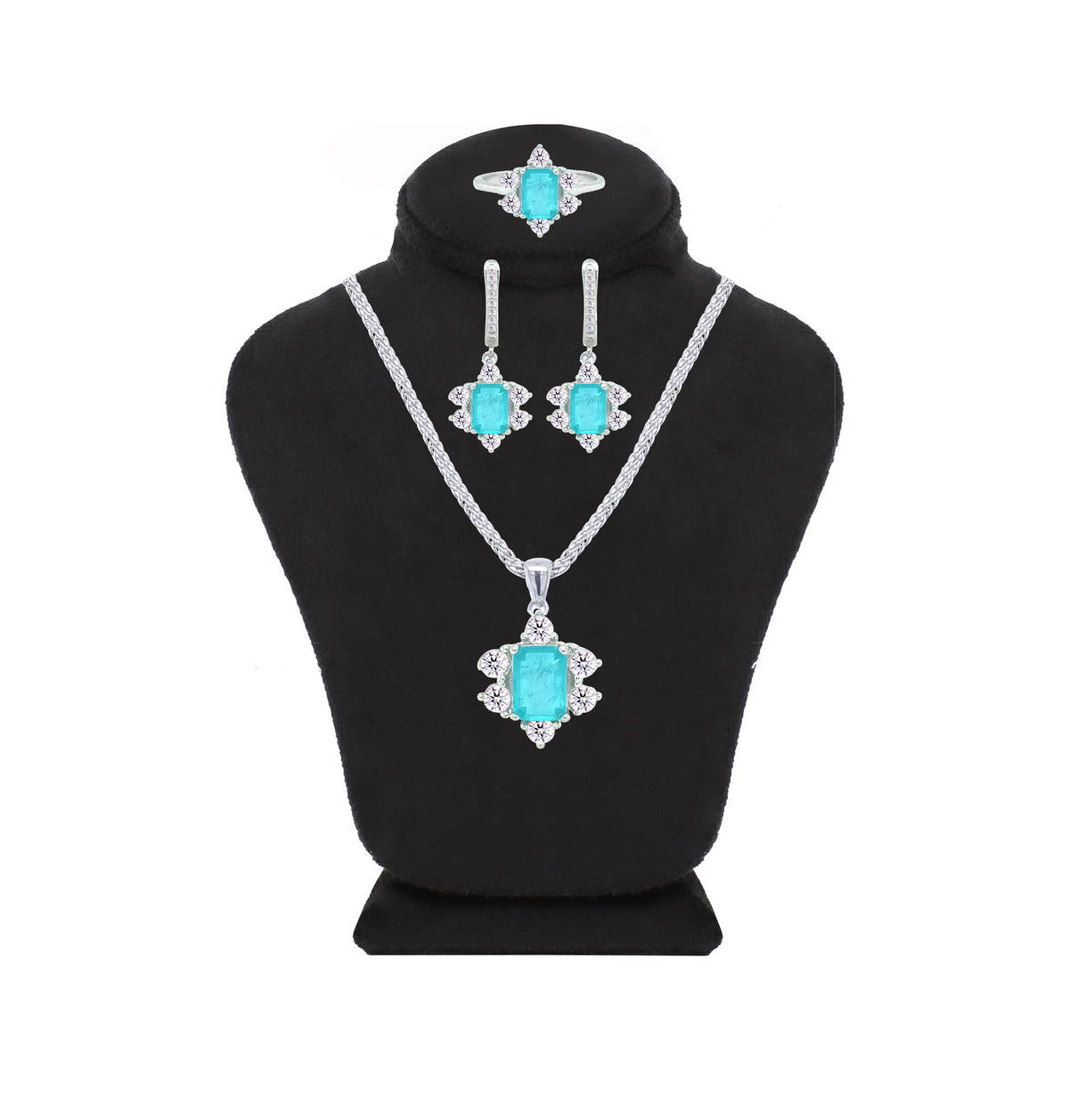 Asfour Crystal Jewelry Set With Halo Light Turquoise Decorative Design In 925 Sterling Silver-SD0054-LGC-7