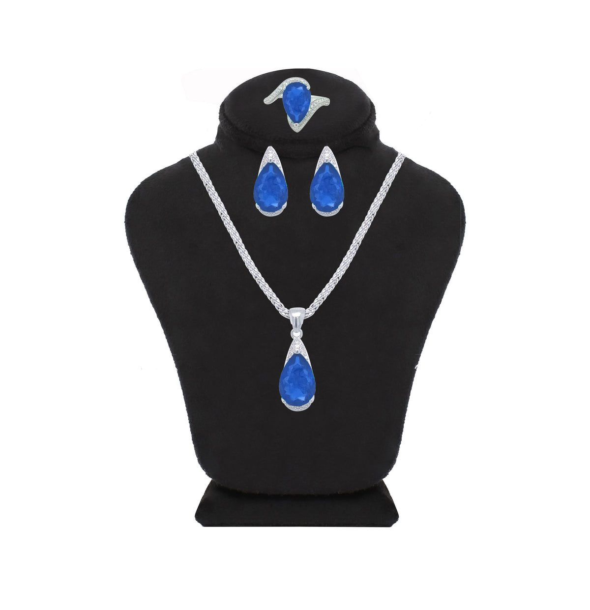 Asfour Crystal Jewelry Set With Blue Pear Design In 925 Sterling Silver-SD0055-B-8