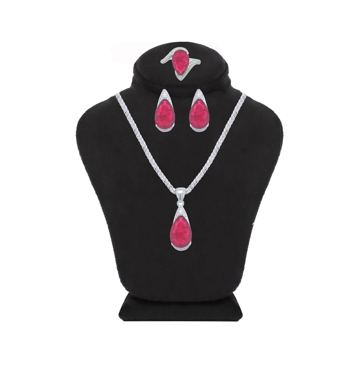 Asfour Crystal Jewelry Set With Fuchsia Pear Design In 925 Sterling Silver-SD0055-F-7