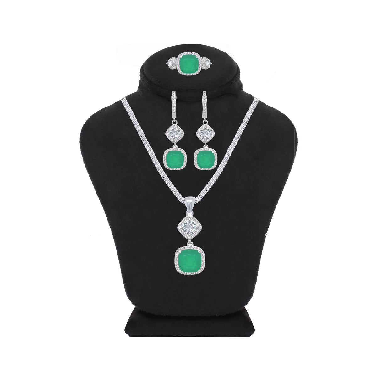 Asfour Crystal Jewelry Set With Emerald Cushion Cut Design In 925 Sterling Silver-SD0056-G-9