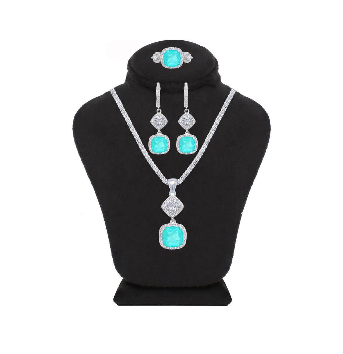 Asfour Crystal Jewelry Set With Light Turquoise Cushion Cut Design In 925 Sterling Silver-SD0056-LGC-8