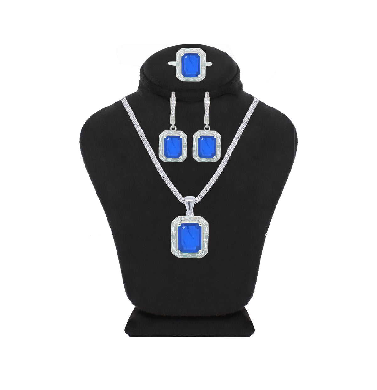 Asfour Crystal Jewelry Set With Blue emerald Cut Design In 925 Sterling Silver-SD0057-B-7