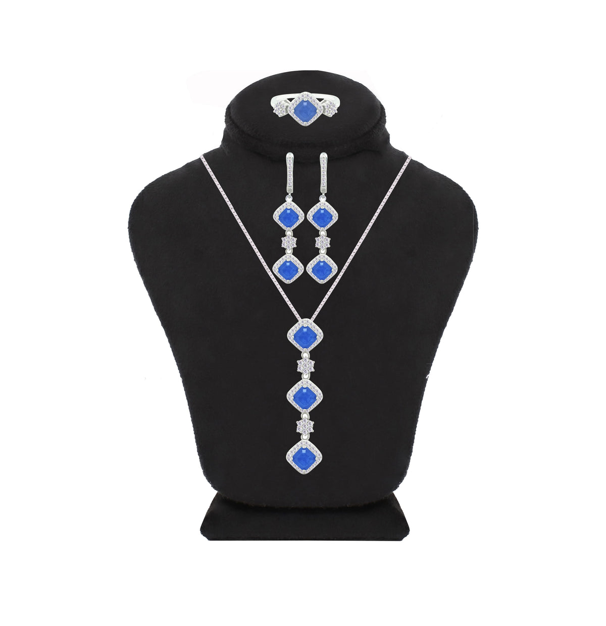 Asfour Crystal Jewelry Set With Blue Squares Design In 925 Sterling Silver-SD0058-B-9