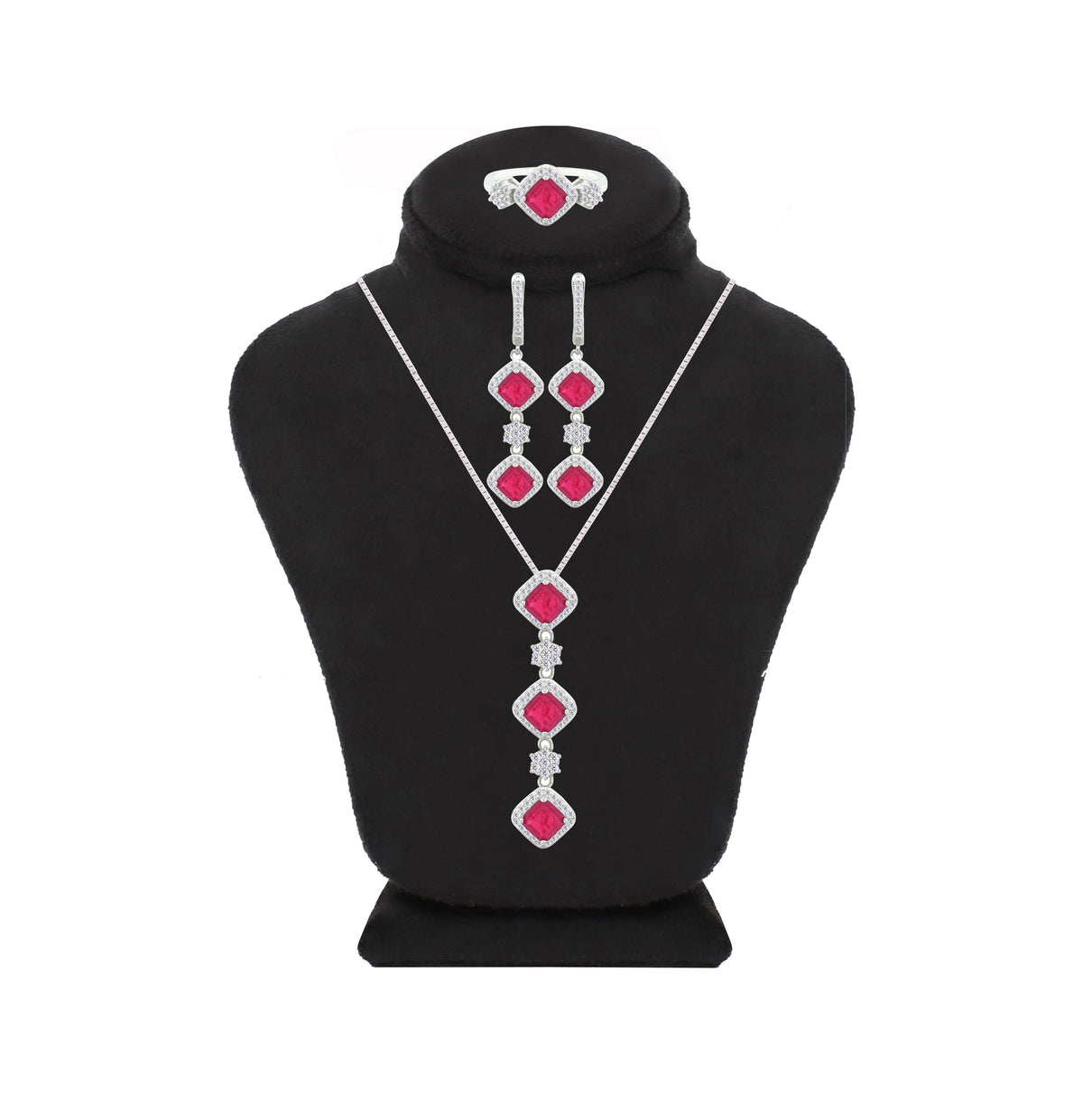 Asfour Crystal Jewelry Set With Fuchsia Squares Design In 925 Sterling Silver-SD0058-F-9