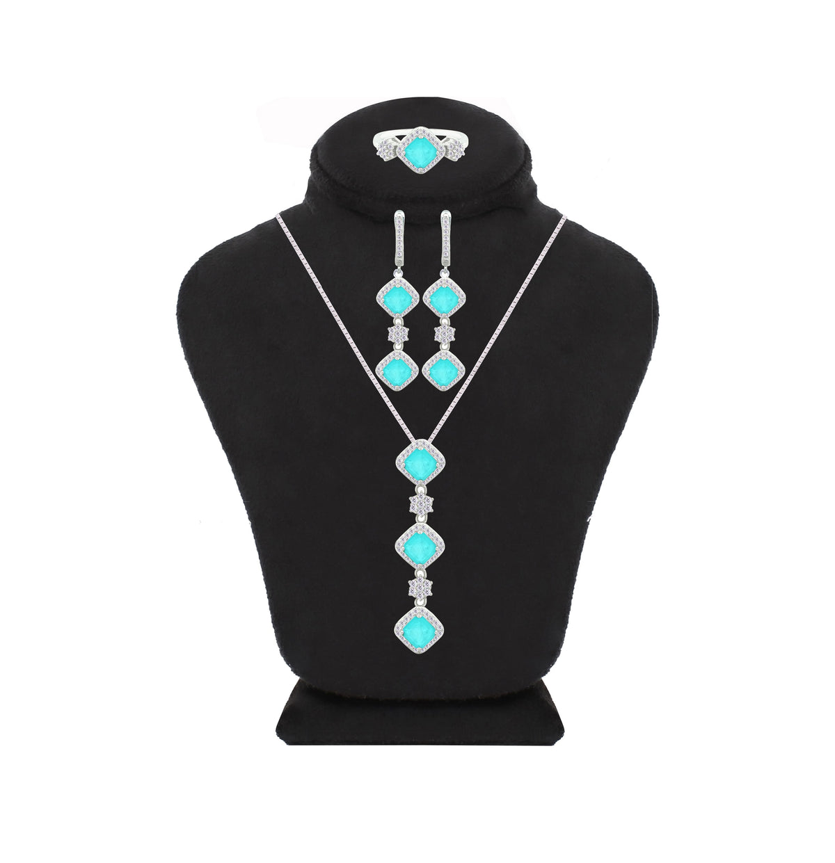 Asfour Crystal Jewelry Set With Light Turquoise Squares Design In 925 Sterling Silver-SD0058-LGC-8