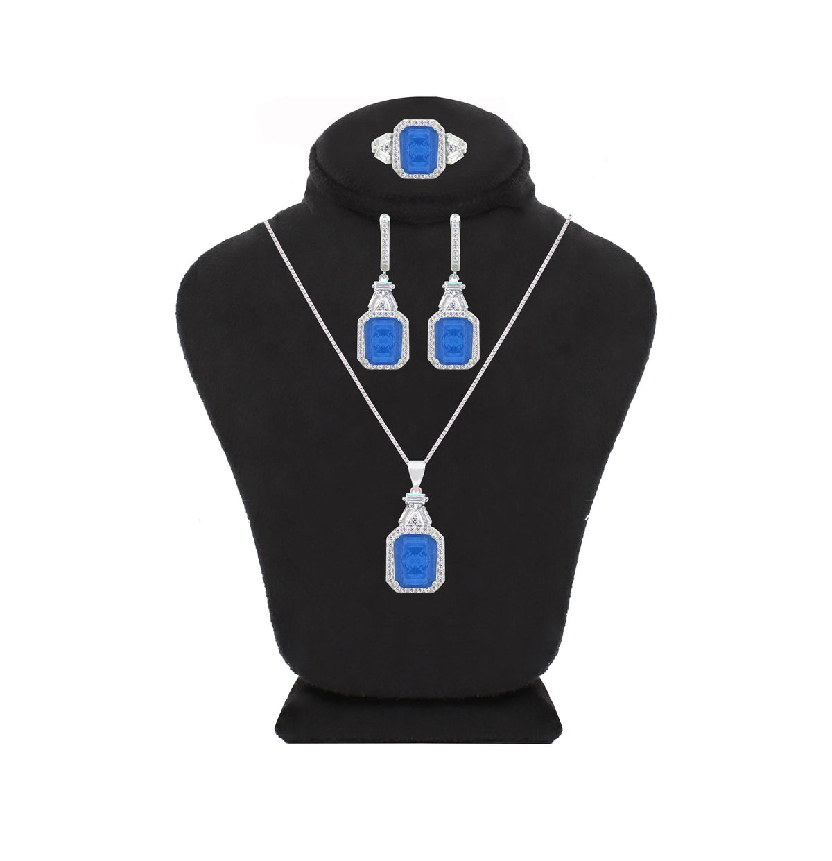 Asfour Crystal Jewelry Set With Blue Emerald Design In 925 Sterling Silver-SD0059-B-7