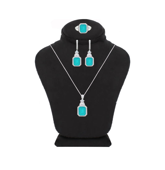 Asfour Crystal Jewelry Set With Turquoise Emerald Design In 925 Sterling Silver-SD0059-GC-9