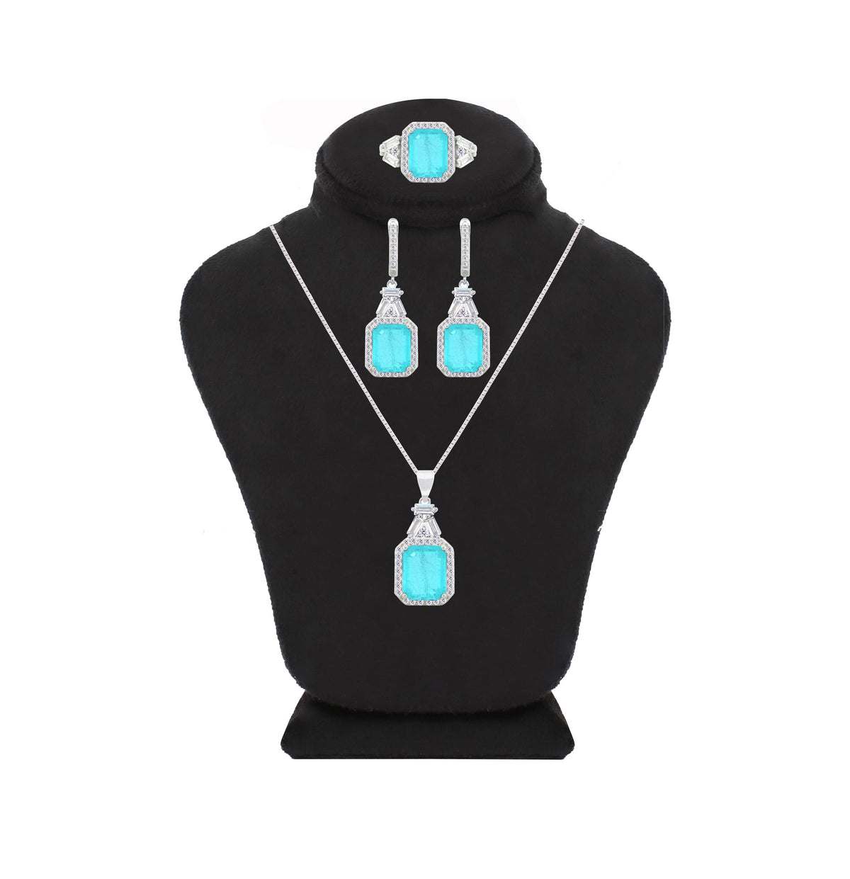 Asfour Crystal Jewelry Set With Light Turquoise Emerald Design In 925 Sterling Silver-SD0059-LGC-7