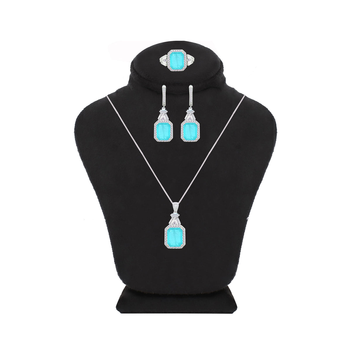 Asfour Crystal Jewelry Set With Light Turquoise Emerald Design In 925 Sterling Silver-SD0059-LGC-8