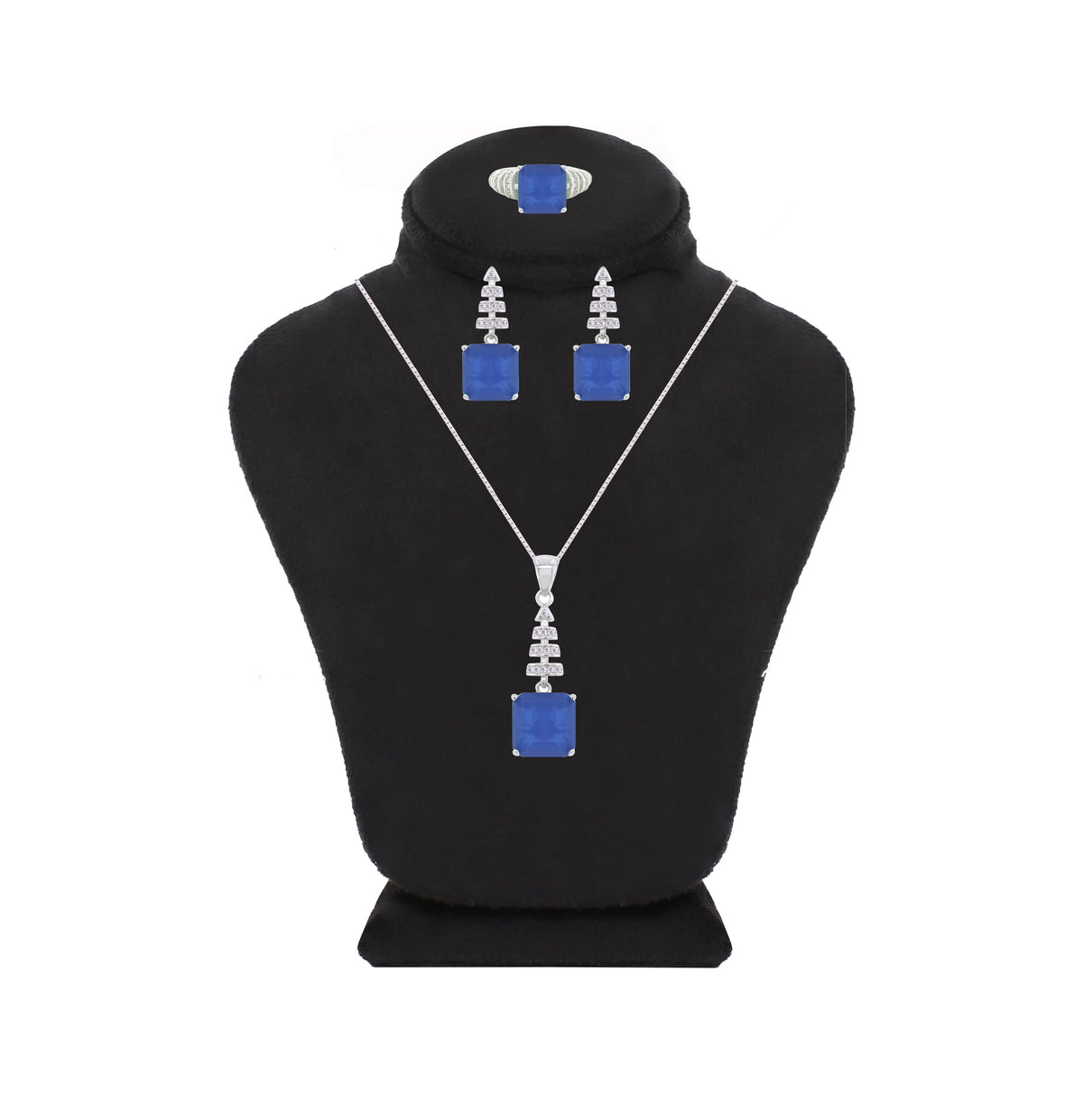 Asfour Crystal Jewelry Set With Blue Art Deco Square Design In 925 Sterling Silver-SD0061-B-8
