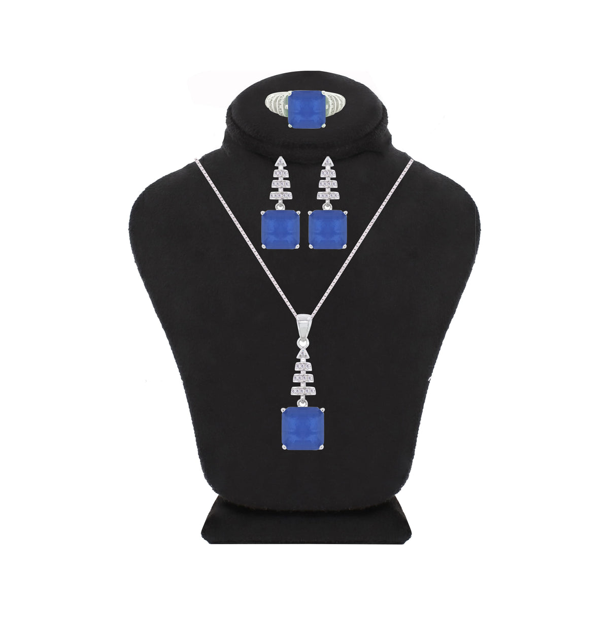 Asfour Crystal Jewelry Set With Blue Art Deco Square Design In 925 Sterling Silver-SD0061-B-8