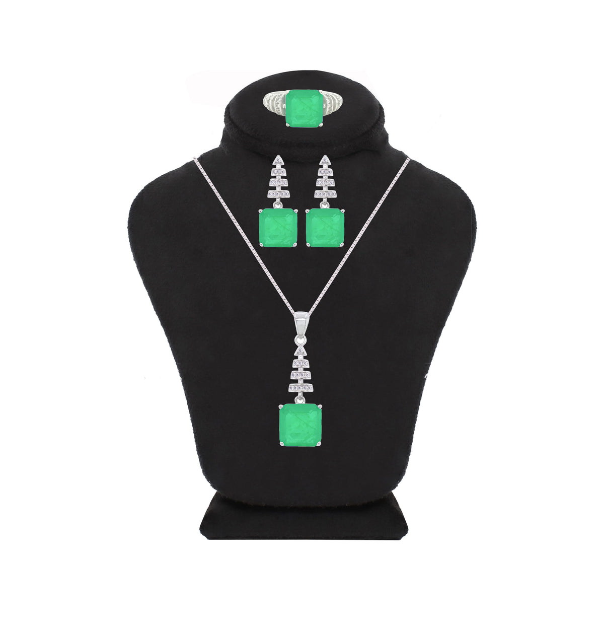 Asfour Crystal Jewelry Set With Art Deco Emerald Square Design In 925 Sterling Silver-SD0061-G-7