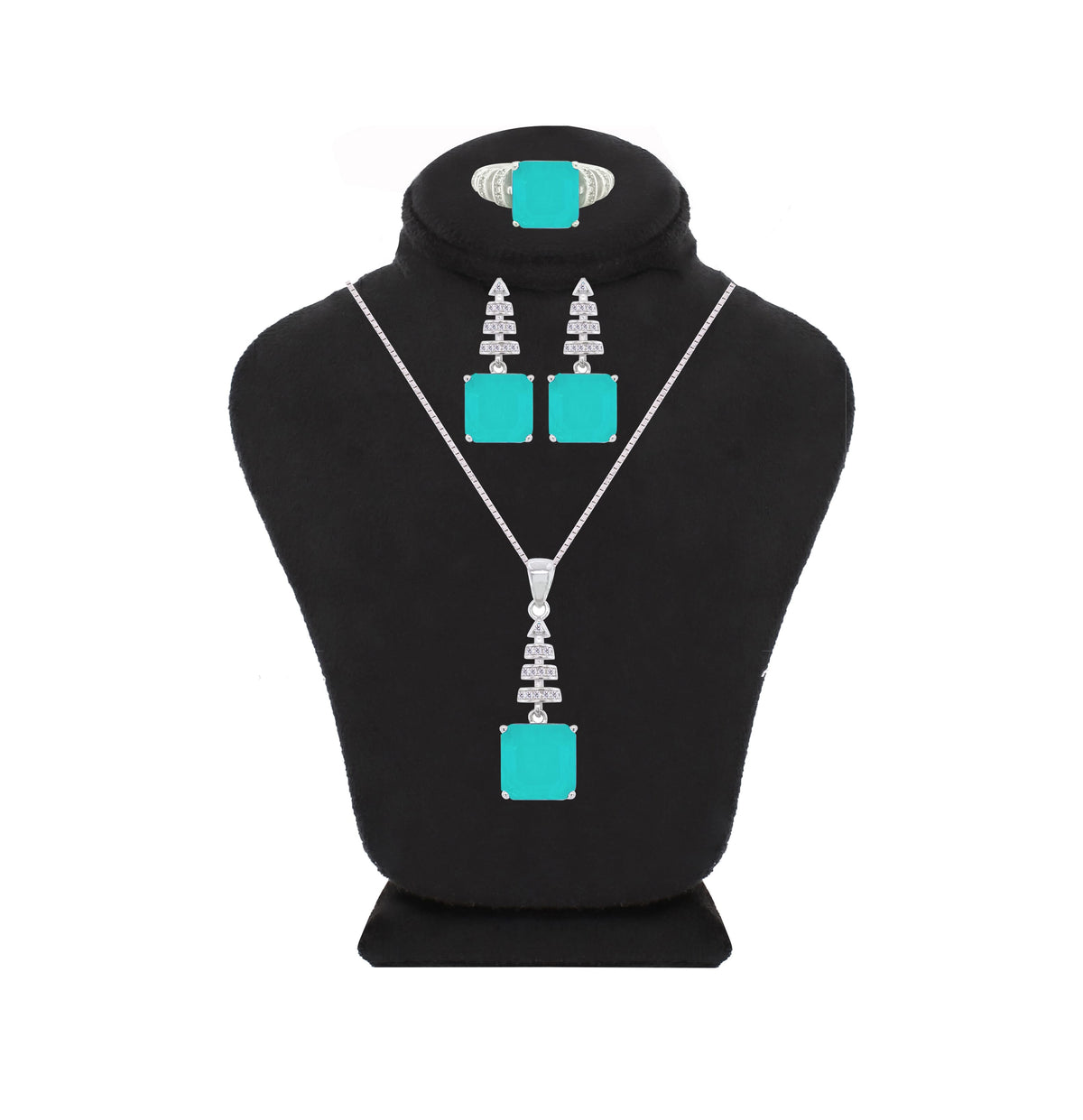 Asfour Crystal Jewelry Set With Turquoise Art Deco Square Design In 925 Sterling Silver-SD0061-GC-7