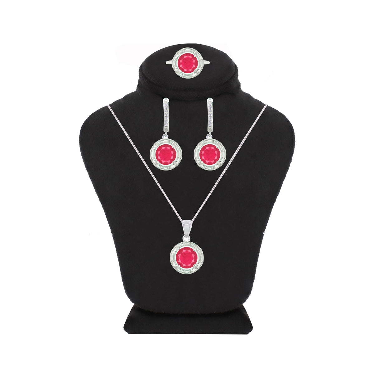 Asfour Crystal Jewelry Set With Fuchsia Round Design In 925 Sterling Silver-SD0062-F-7