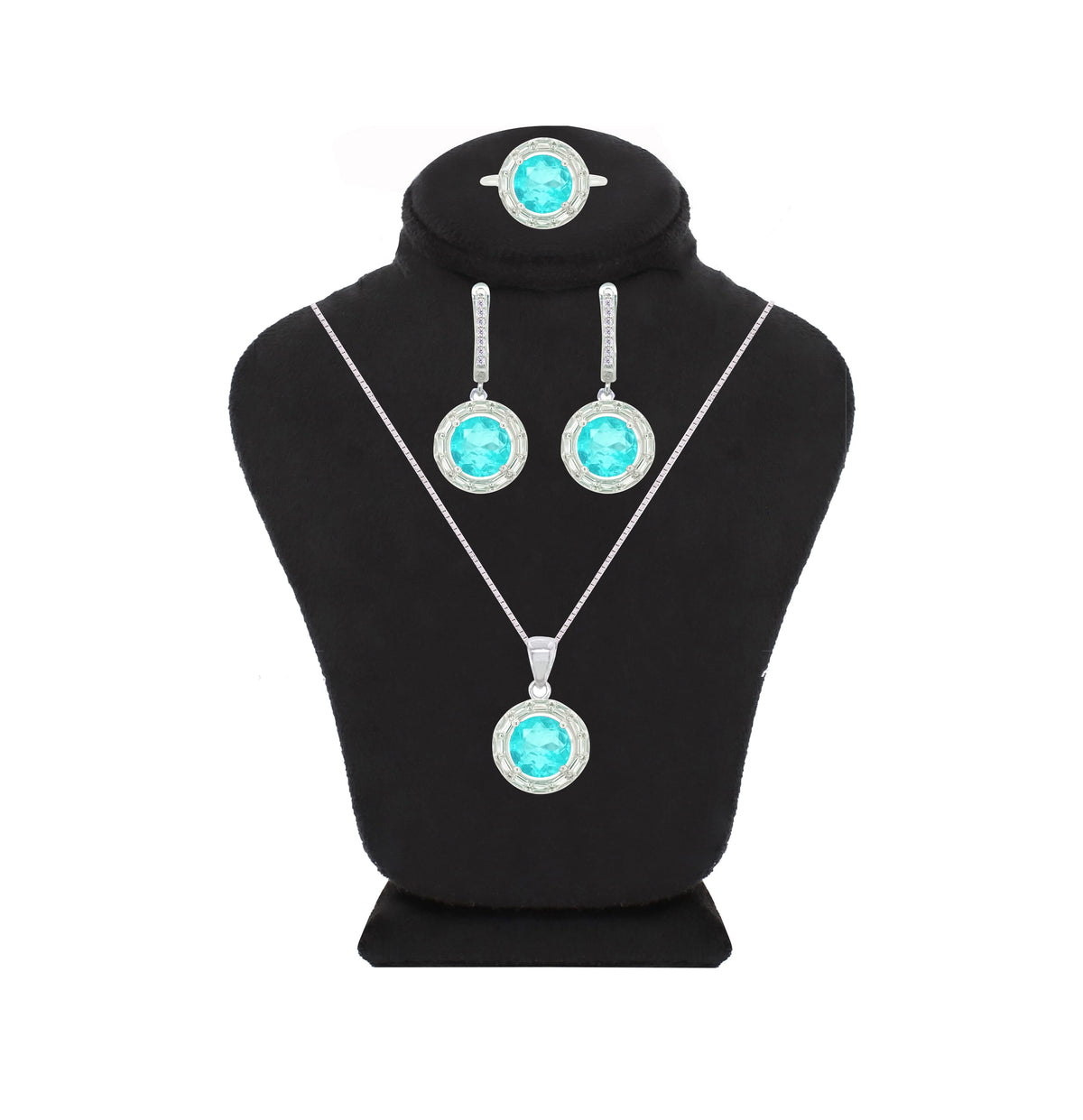 Asfour Crystal Jewelry Set With Light Turquoise Round Design In 925 Sterling Silver-SD0062-LGC-7