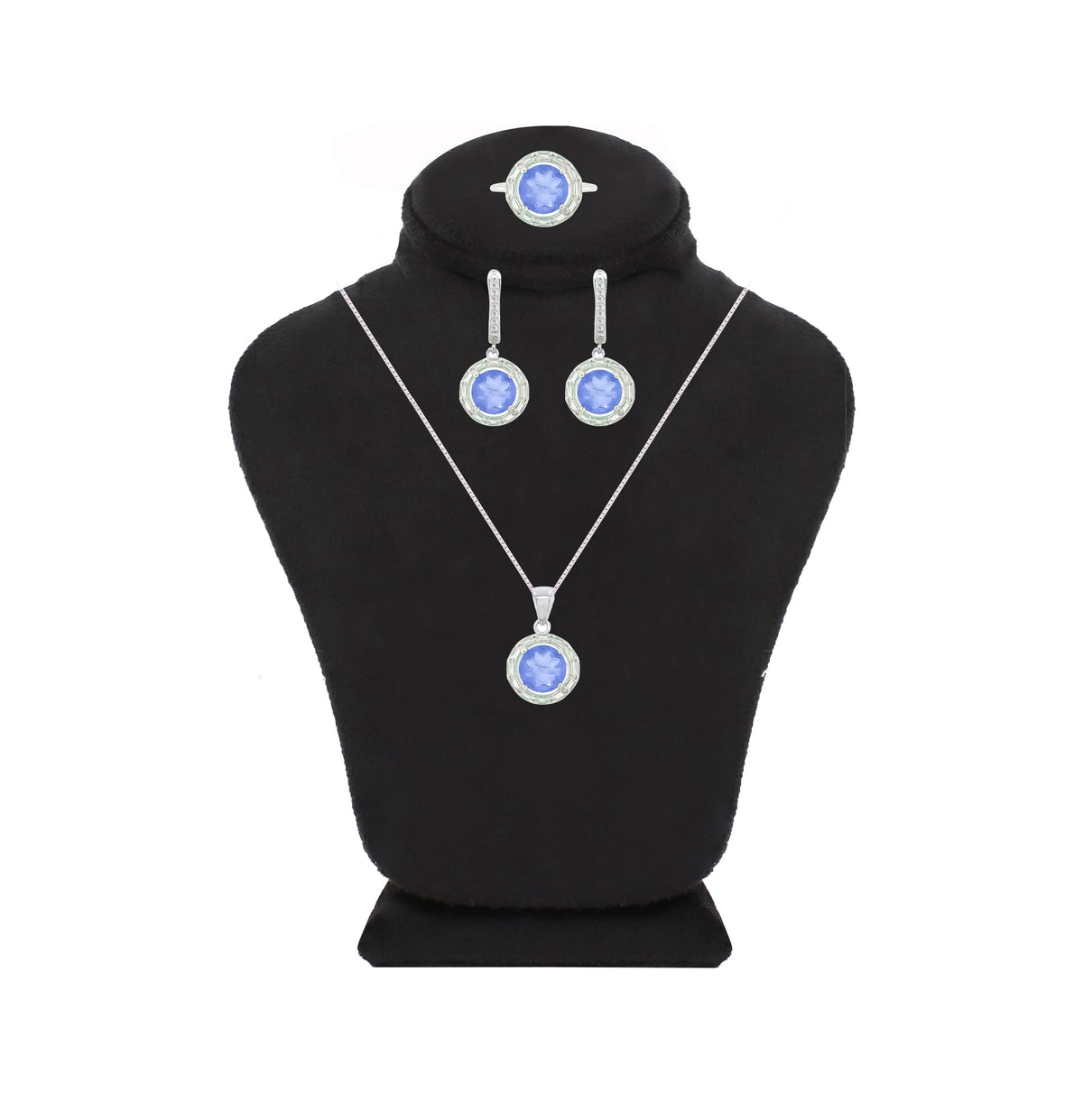 Asfour Crystal Jewelry Set With Tenzanite Round Design In 925 Sterling Silver-SD0062-N-8
